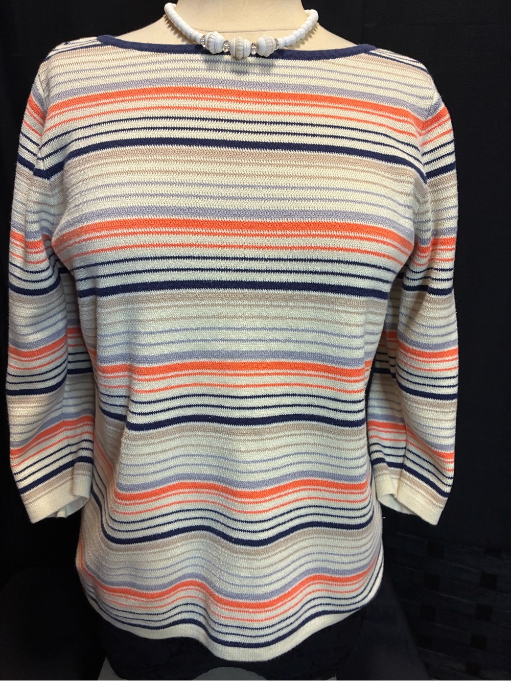 Coldwater Creek Striped Crewneck Sweater in Cream, Navy & Coral